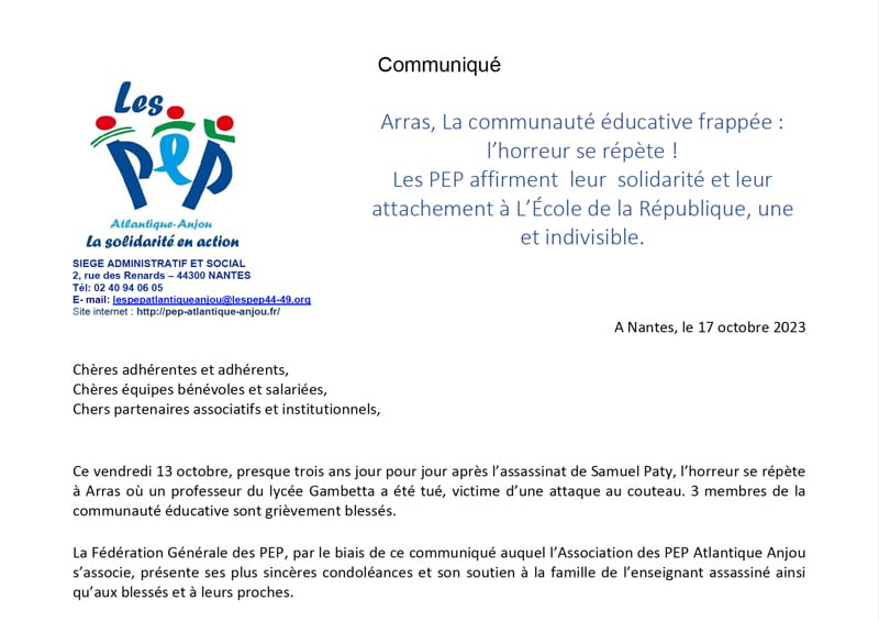 Arras, La communauté éducative frappée : les PEP affirment leur solidarité.